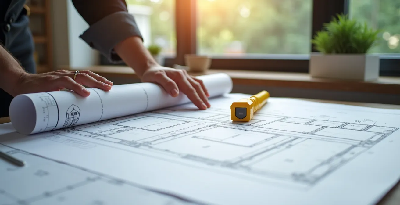 Professional architect reviewing Toronto zoning requirements for basement conversion with building plans