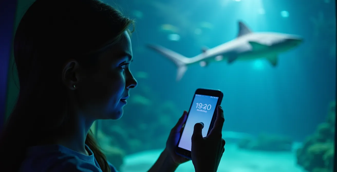 Photographer using proper technique taking selfie in aquarium tunnel without flash