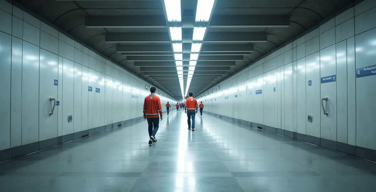 Wide angle view of Toronto's PATH underground walkway system with commuters navigating the tunnels