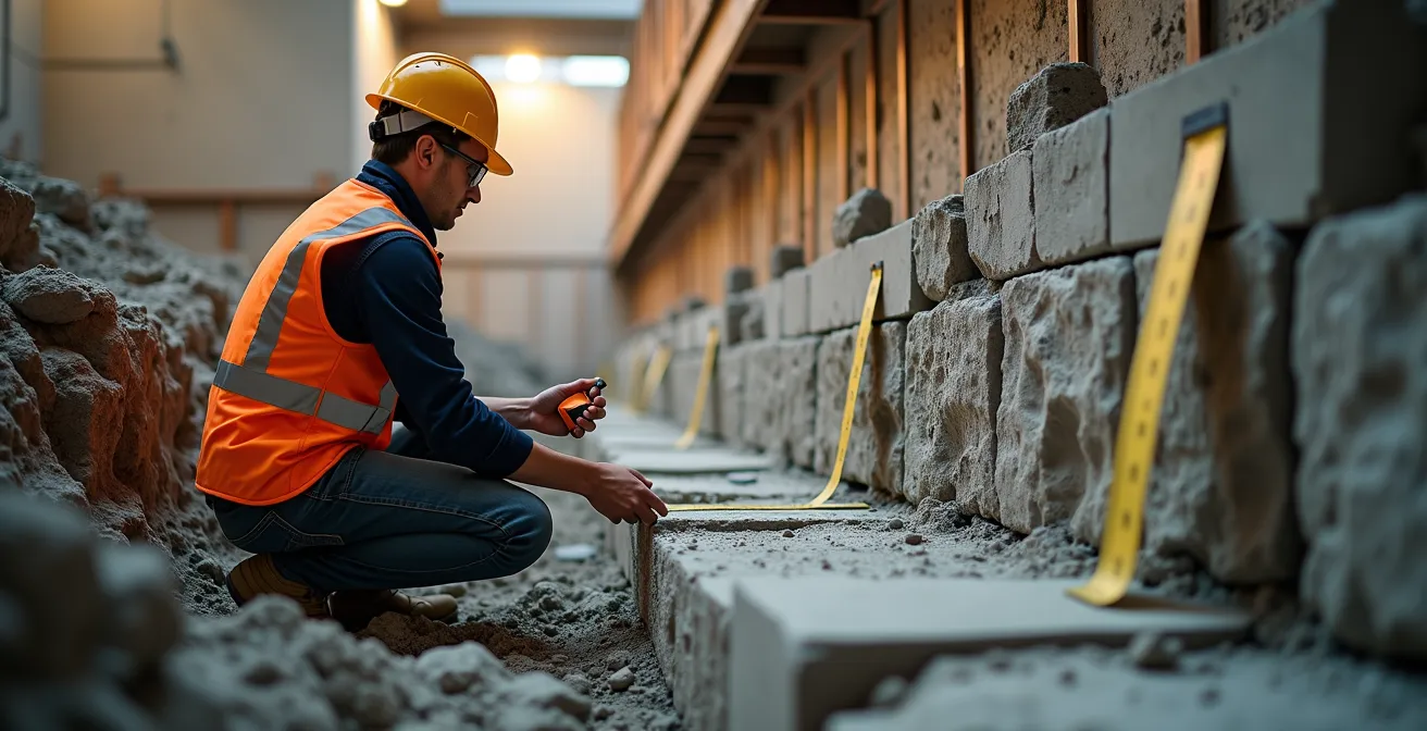 Sequential underpinning process showing pin-by-pin excavation method