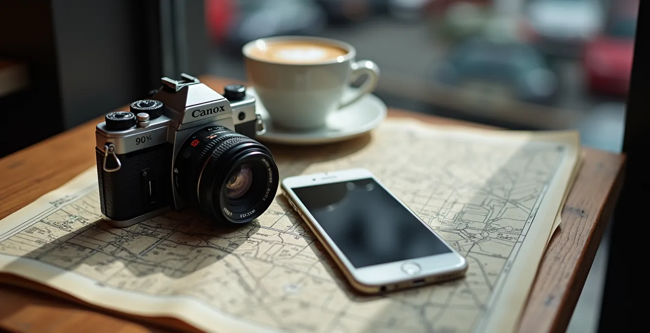 Vintage film camera and smartphone on a weathered wooden surface with a Toronto map