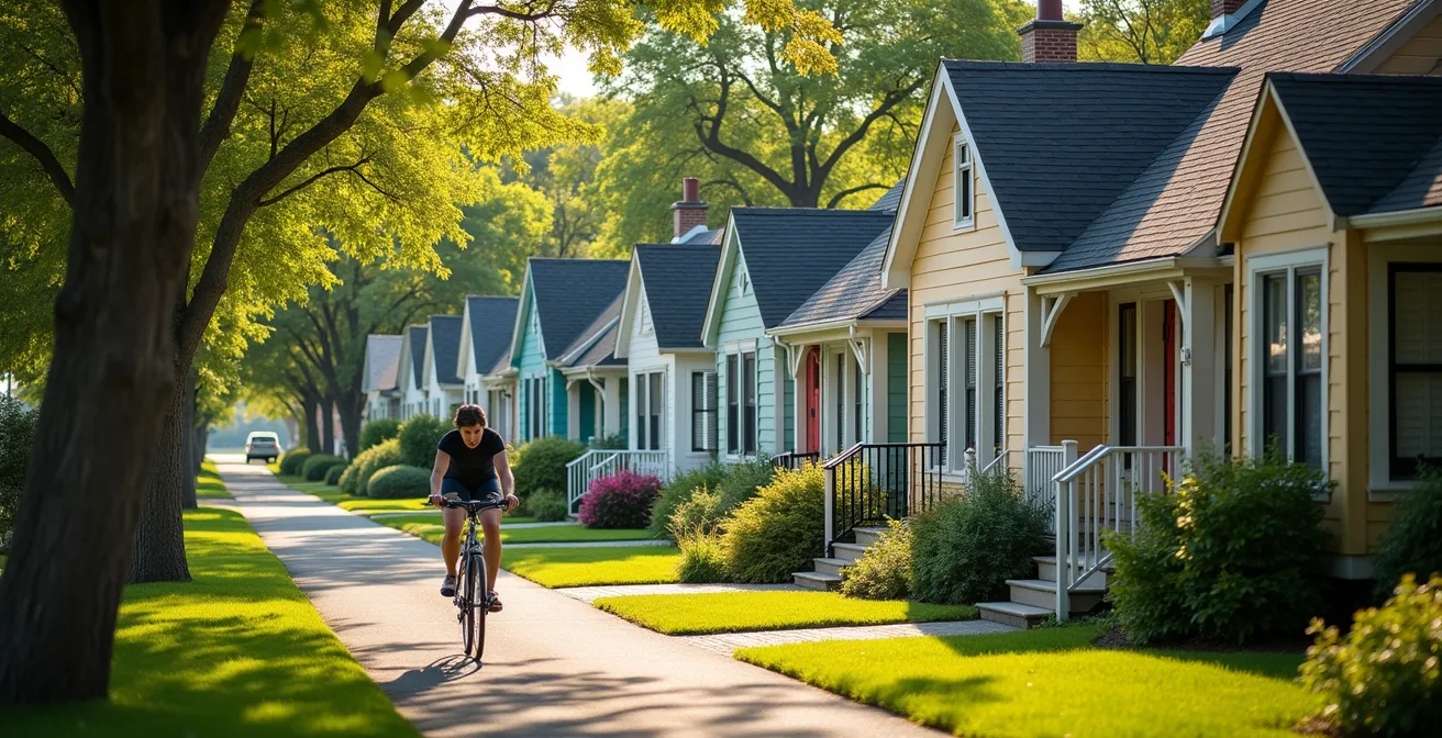 Historic cottages on Ward's Island viewed from a public pathway, showing their unique architectural variety