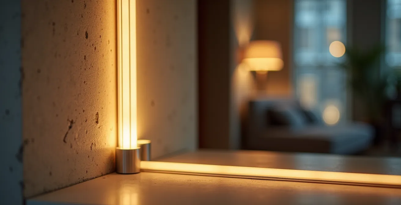 A windowless Toronto condo den made to feel bright and airy through layered LED lighting and a large strategic mirror.