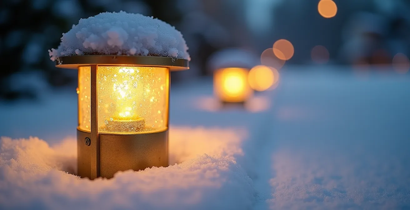 Snow-covered suburban Toronto driveway with warm pathway lights creating safe passage, brass fixtures visible above snow line