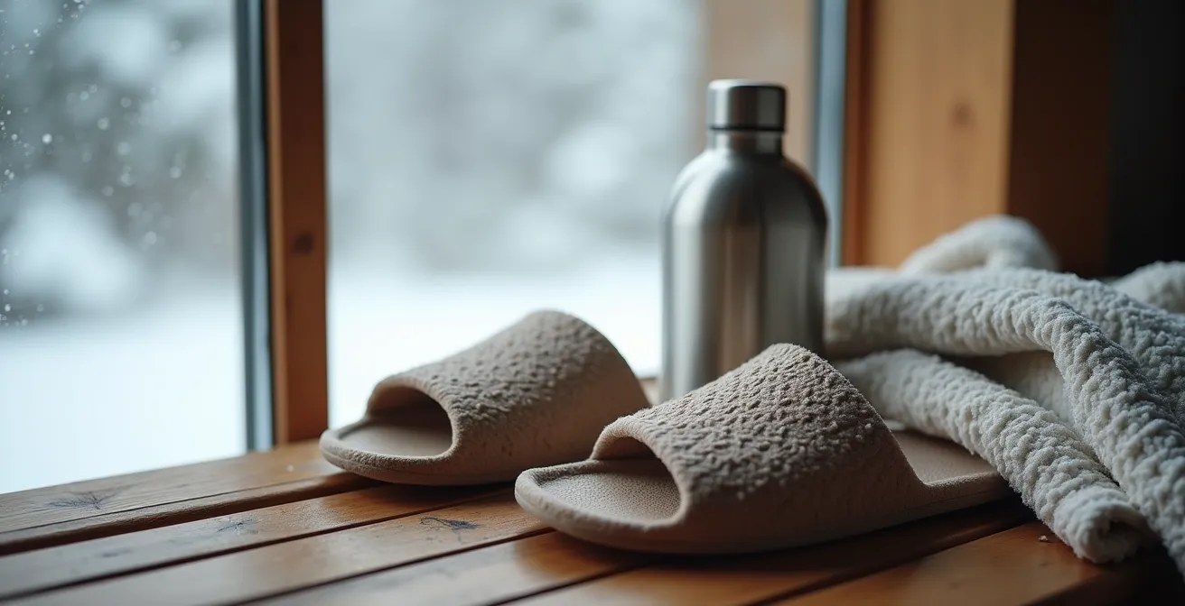 Close-up of spa essentials including waterproof slides, thick robe, and insulated water bottle on wooden bench