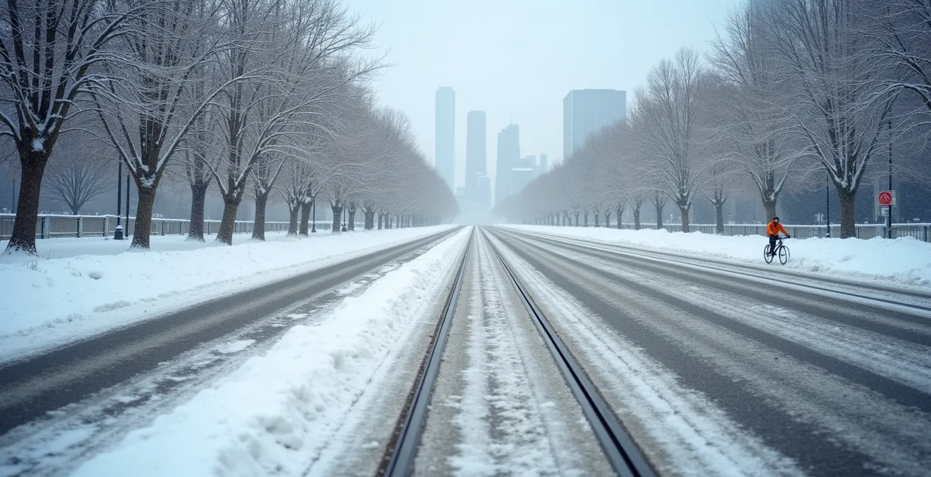 A snow-covered Toronto street with a bike lane and salt residue during winter conditions.