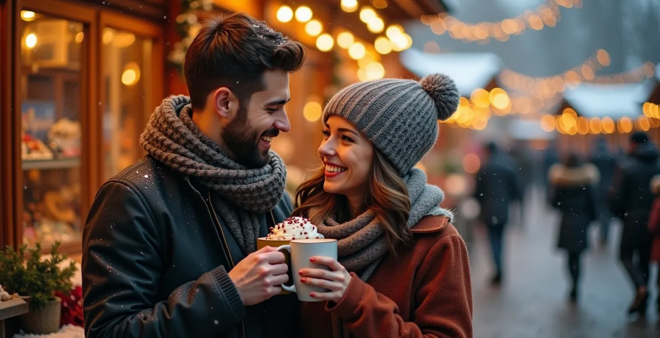Festive winter market scene with twinkling lights and holiday decorations in Toronto's Distillery District