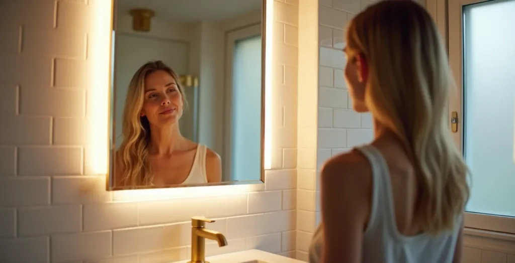Small Toronto condo bathroom with side-mounted LED vanity lights and warm ambient overhead lighting creating flattering illumination Small Toronto condo bathroom with side-mounted LED vanity lights and warm ambient overhead lighting creating flattering illumination