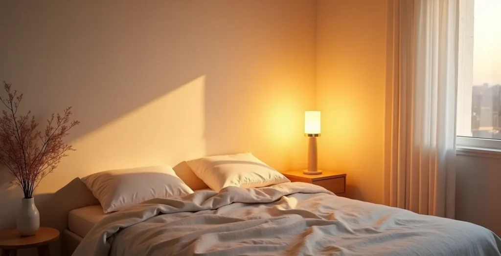 Bedroom corner with smart bulbs creating gradient from warm amber to cool daylight, suggesting sunrise simulation Bedroom corner with smart bulbs creating gradient from warm amber to cool daylight, suggesting sunrise simulation